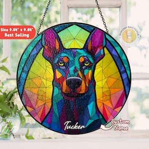 Personalized Dog Portrait Stained Glass Suncatcher, Dog Glass Art Window Hanging, Custom Dog Portrait, Pet Memorial Gift, Dobermann Dog Gift